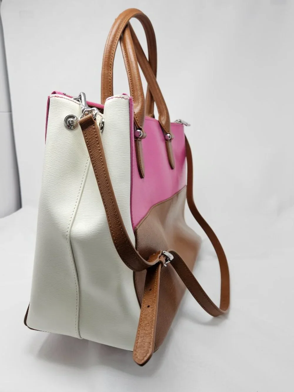 Lauren Ralph Lauren Newbury Tri-Color Leather Handbag - Brown / Vanilla / Rose - Picture 2 of 11